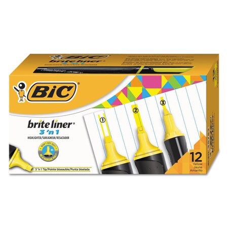 Bic Brite Liner 3 'n 1 Highlighters, 3 'n 1 Chisel Tip, Yellow, PK12 BL311-YEL